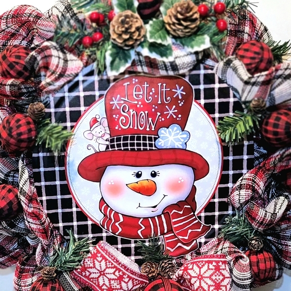 Winter Frosty Snowman Wreath Farmhouse Cabin Cottage Deco Mesh Bow Pinecones - Picture 4 of 7